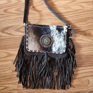 Genuine Handmade Cowhide Leather Fringe Flip Top Crossbody Bag